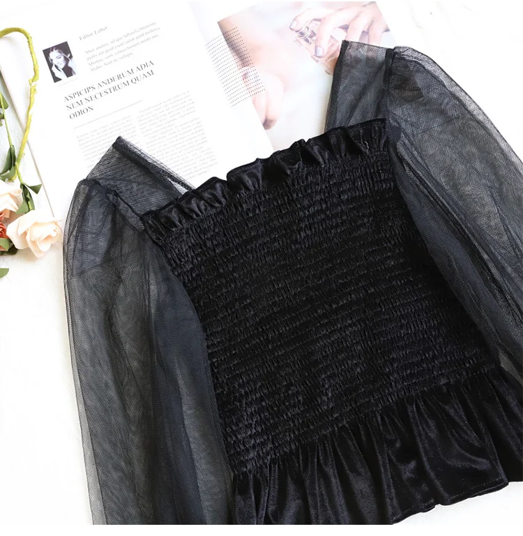Женские топы и блузки, blusas mujer de moda, квадратный воротник, оборки, короткие, милый стиль, весна-осень, без рукавов, женская одежда