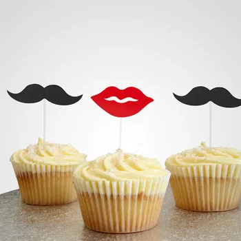 

100pcs/lot,Wedding Birthday party Festival cake topper,Gentleman black beard lady red lip paper card for cup cake decoration