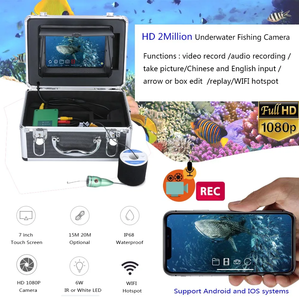 MAOTEWANG рыболокатор для подводной рыбалки 1080P камера комплект 7 ''wifi беспроводной 16 Гб Видео Запись DVR+ 15 м/20 м 6 Вт ИК/белая камера