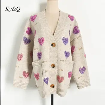 

Runway Elegant Christmas Women Winter 2019 Thick Jacquard Love Embroidery Loose Oversized Knit Sweater Coat Female Cardigans