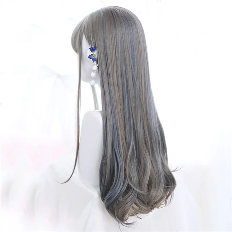 Косплей салон 65 см Лолита серый смешанный синий Омбре длинные волнистые челки Хэллоуин милые вечерние синтетический парик для косплея