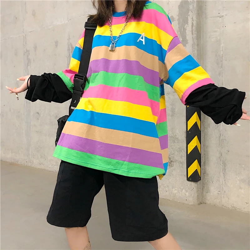 

Lychee Girls Streetwear Patchwork Rainbow Stripe Women T Shirts Fake 2 Pieces Long Sleeve Women T Shirt Loose Lady T-shirt