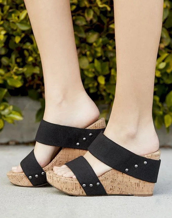 

Slip-On Open Toe Gladiator Wedges Sandals Med Basic Platform Ladies Sandals Solid Fashion Rivet Casual Summer Women Shoes PU