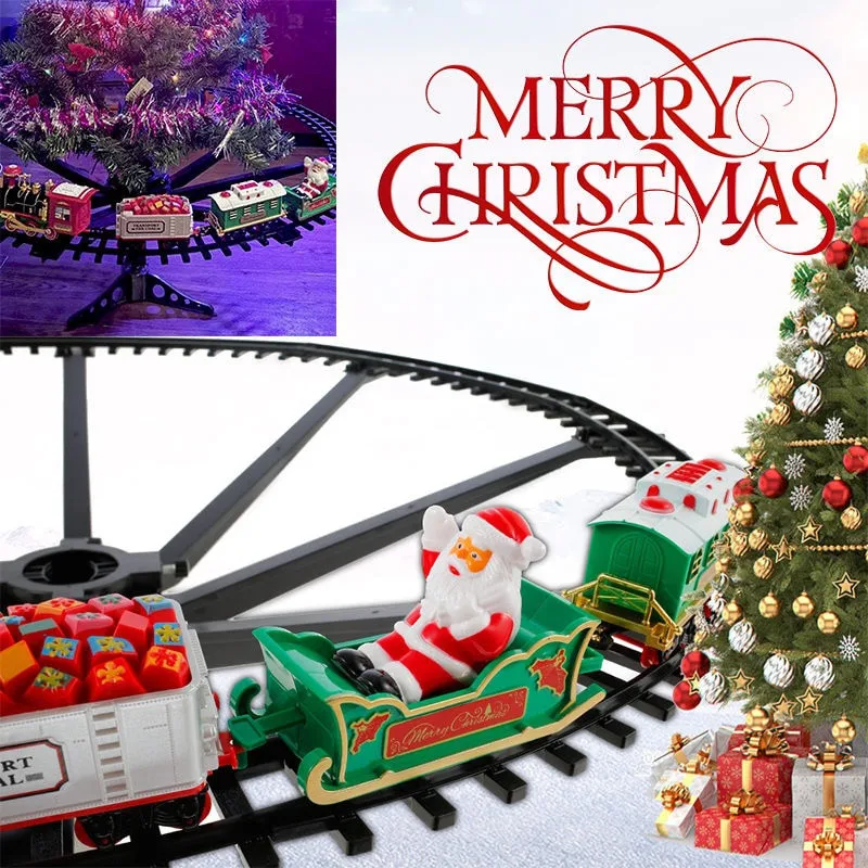 VILLCASE Train de Tren Eléctrico de Navidad Mini Modelo Tren con Pistas Ferroviarias Santa Sleigh Cargo Pistas de Coches Kits para La Decoración de Árbol de Navidad Decoración de 
