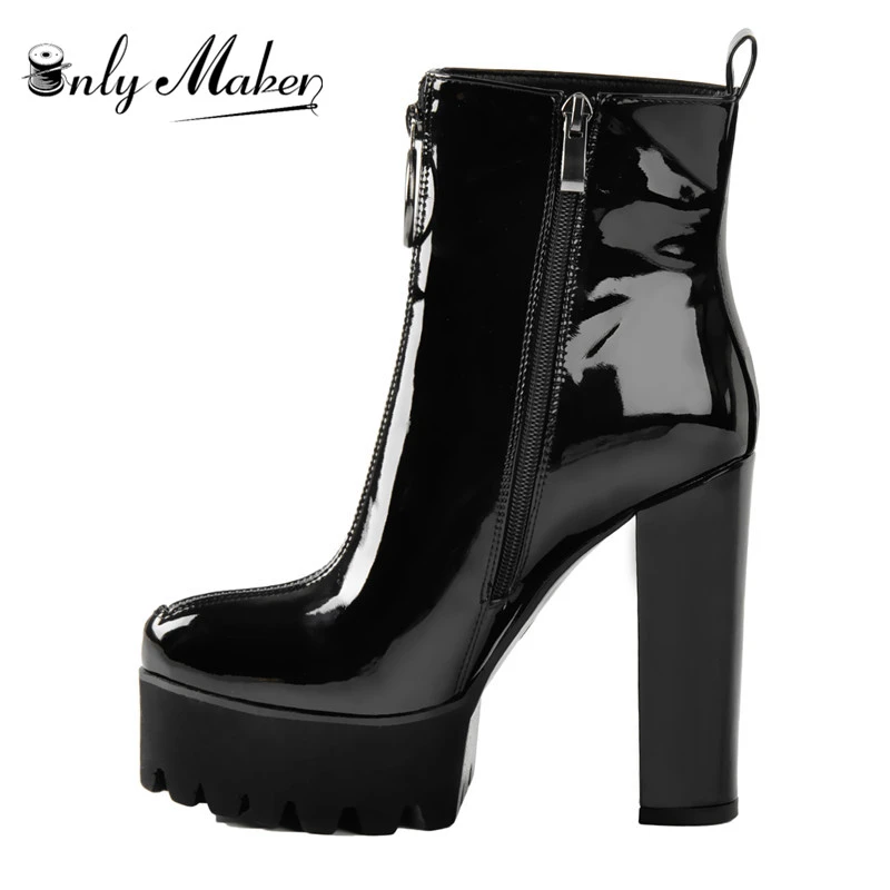 Onlymaker Botines de charol con plataforma para mujer, botines de tacón alto grueso con cremallera, us5 ~ us15, color negro|Botas el tobillo| AliExpress