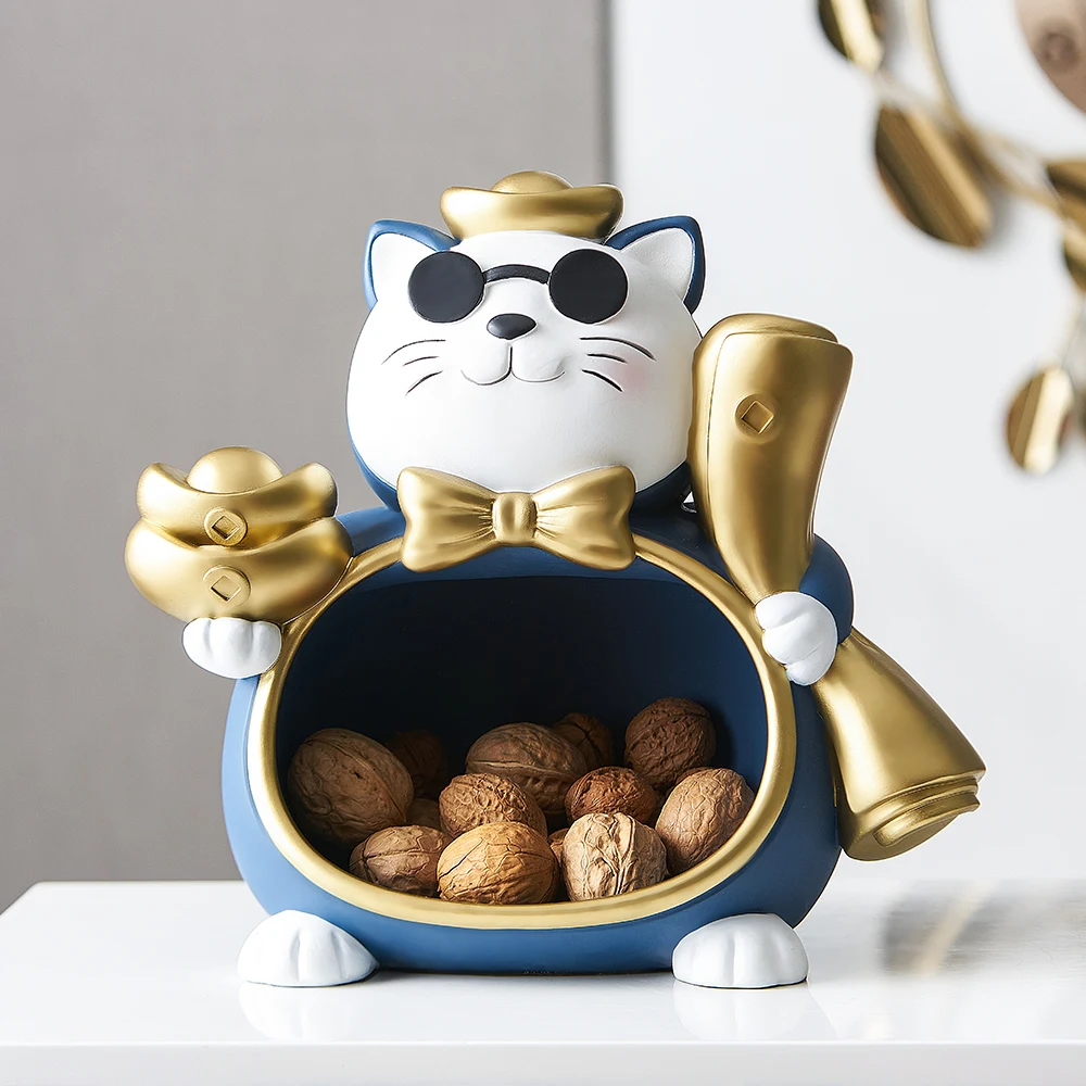 Lucky Cat Storage Box Statue Sculpture Table Decoration Miniature Figurine Sundries Modern Living Room Desk Home Study Decor