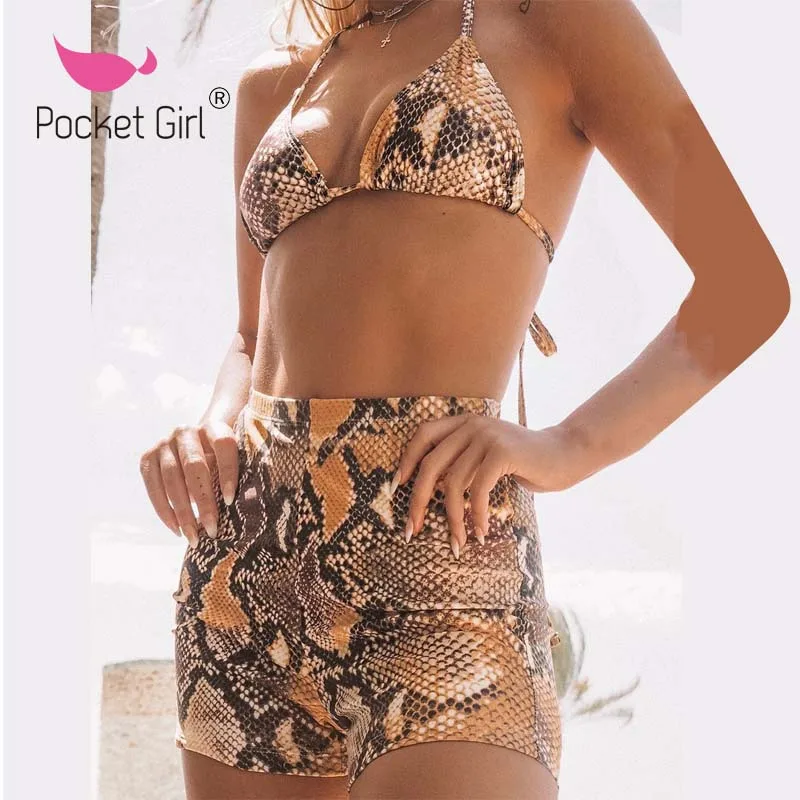 

2019 Push Up Biquini Women Bandage Swimwear Female Swimsuit Bikini Set Snake Print Bather High Waist Bathing Suit Sport Biquini