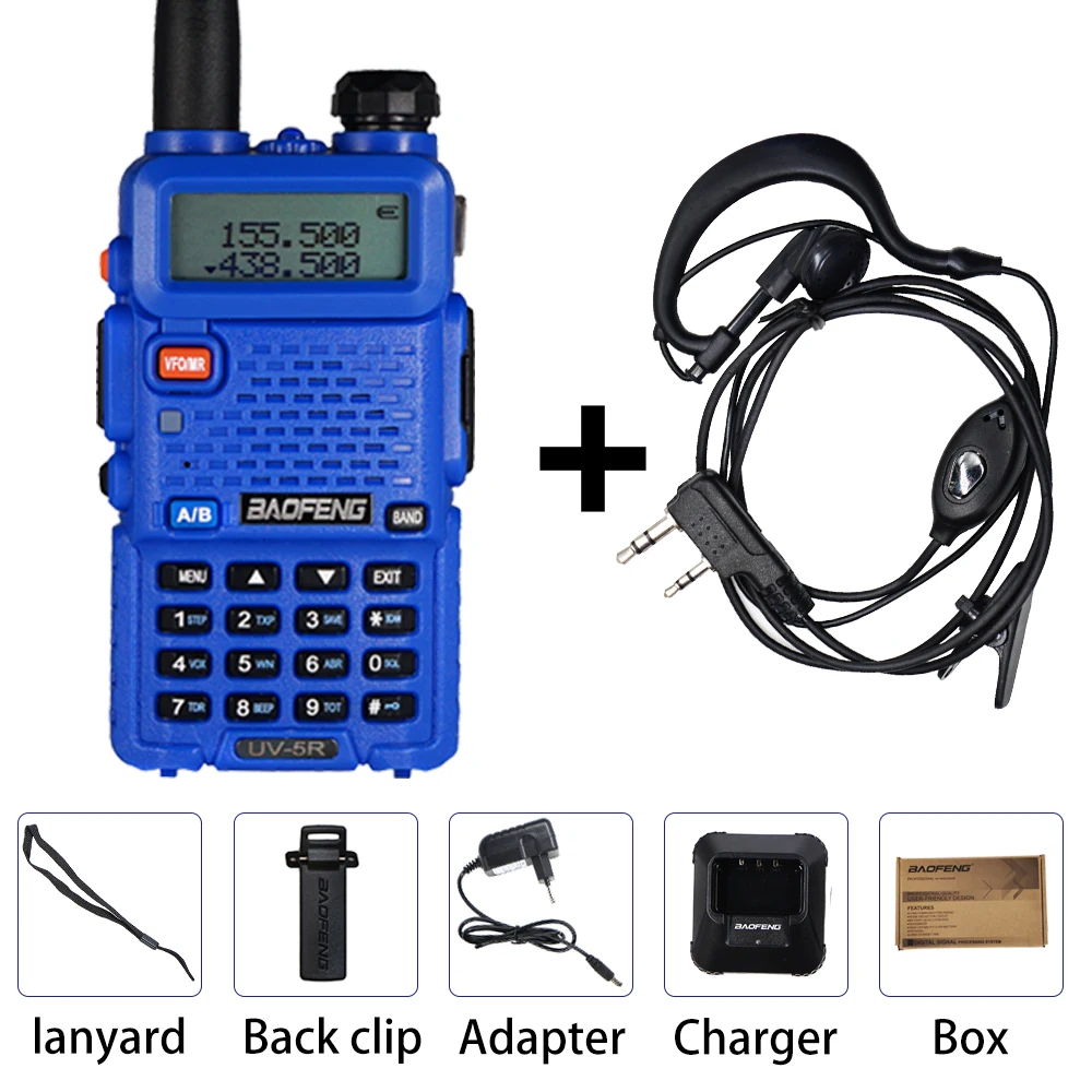 Baofeng UV-5R Walkie Talkie 5 Вт двухдиапазонный СВЧ/УВЧ-трансивер UV 5R Профессиональный охотничий CB Ham радиостанция 128CH двухстороннее радио - Цвет: Blue With Box