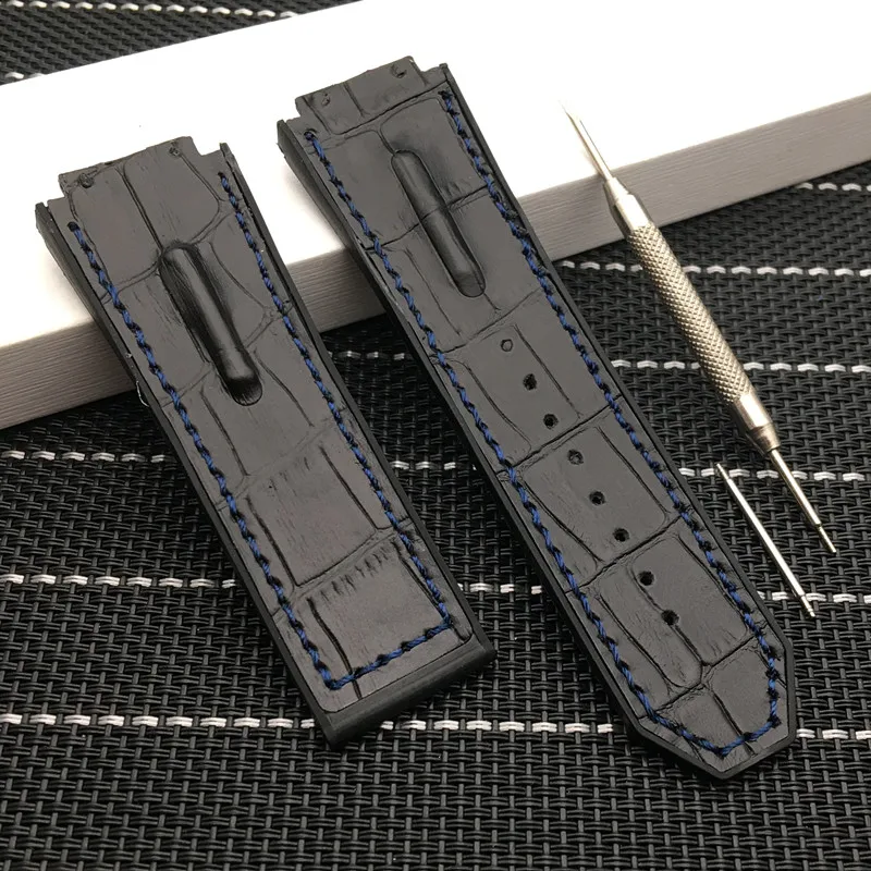 Black blue strap 29*19 мм черный синий коричневый коровья натуральная кожа с силиконовым ремешком для часов Ремешок для Hublot ремешок для king power серии концентратор логотип на - Цвет ремешка: Black blue strap