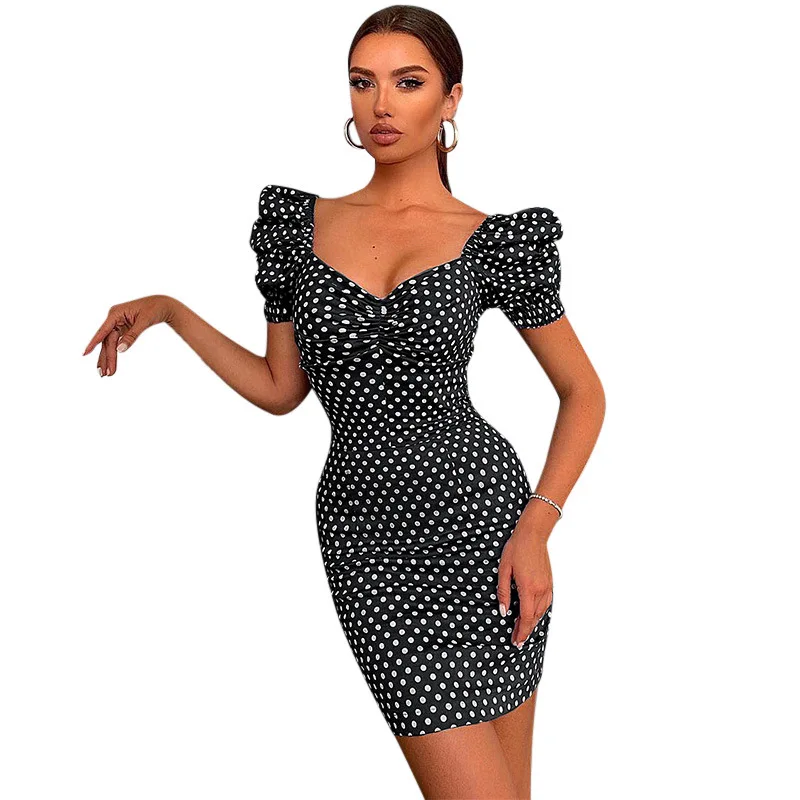 Женское мини-платье в мелкий горошек облегающее летнее плиссированное платье