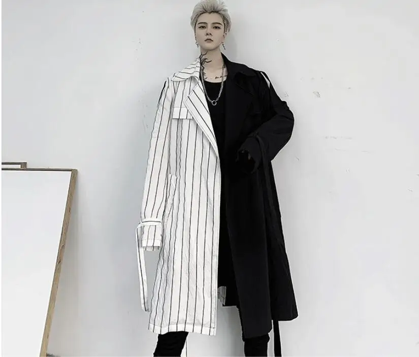 M-XL! Весна qiu загружен Темно-Черный Индивидуальный черно-белый полосатый контрастный цвет Мужская Средняя длина свободная ветровка