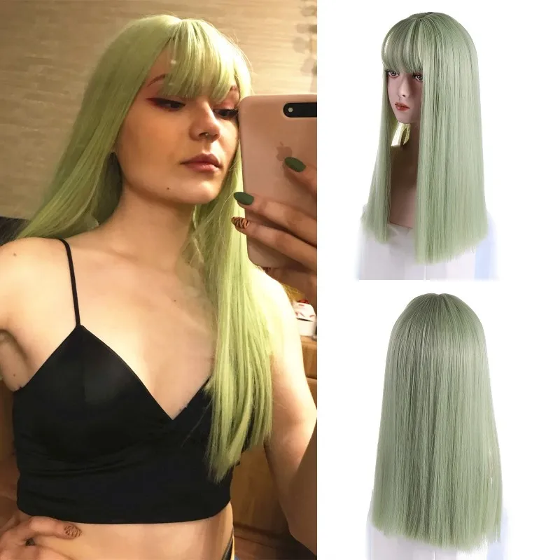 VICWIG Synthetic High Temperature Fiber Long Straight Wigs for Women Purple Gray Green Cosplay With Bangs Natural Hairpieces