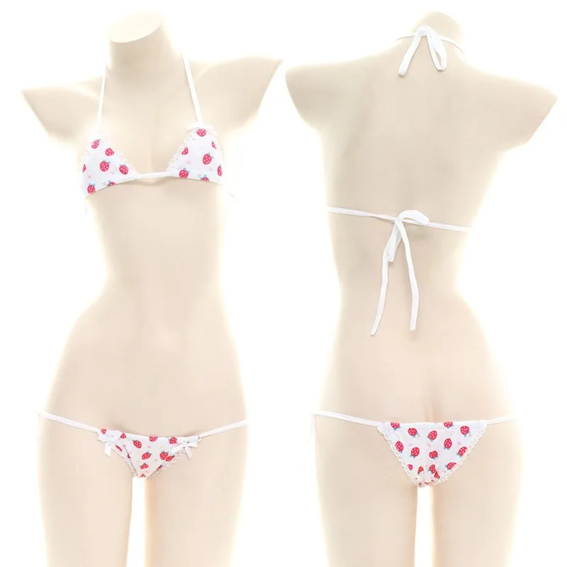 

Japanese Lolita Sexy Mini Strawberry Bandage Lace Trim Women's Lovely Bikini Set Cosplay Soft Girl Bra & Panties Lingerie Suit
