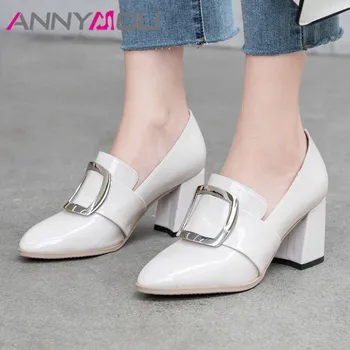 

ANNYMOLI High Heels Women Pumps Patent Leather Square High Heel Party Shoes Buckle Slip on Round Toe Shoes Ladies Black Size 39