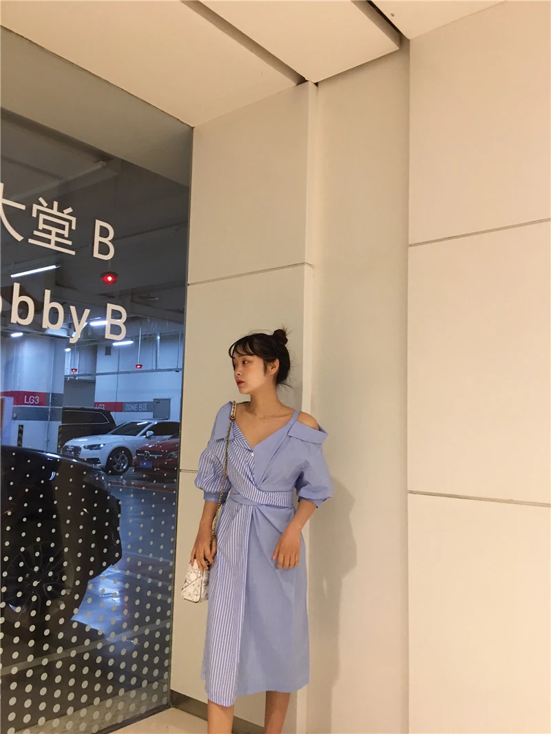 Women Striped Belt Asymmetric Bow Patchwork Drersses New High Street Off Shoulder Design Female Shirt Dress Vestidos DV574