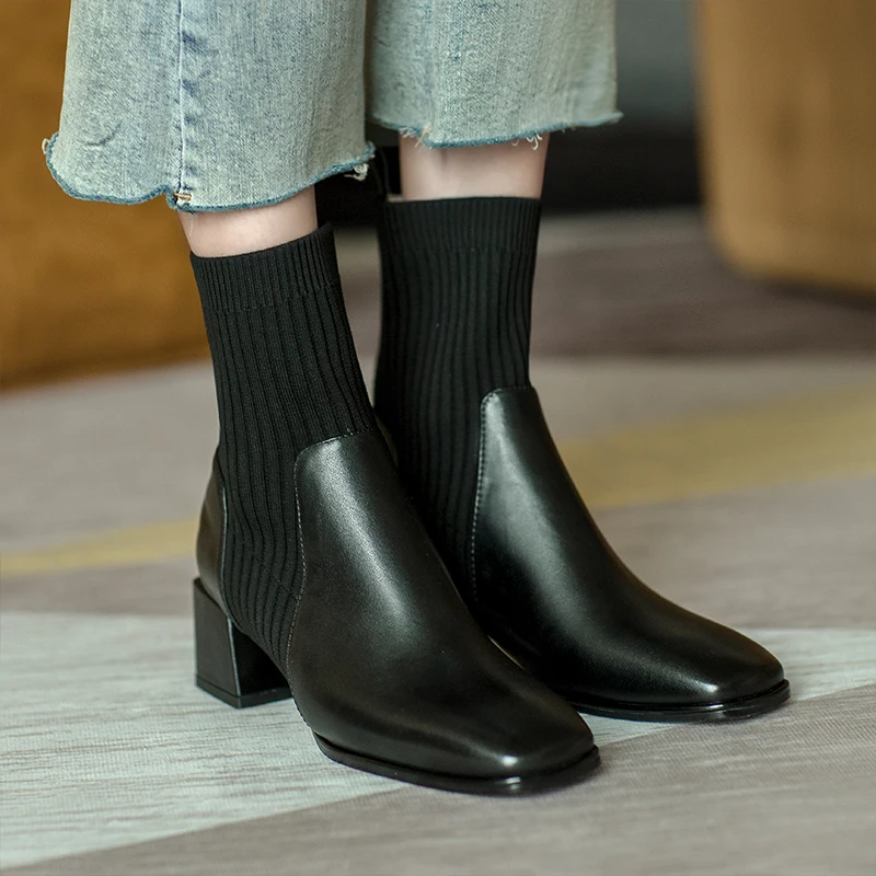 

Square Toe Block Khaki Women Ankle Boots Medium Heel Autumn Real Leather Knit Black Short Genuine Chunky Shoes Fashion Slip On