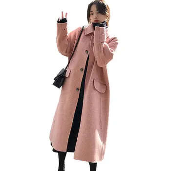 

2019 Winter Women Blends Turn Down Collar Women Wool Coat Elegant Solid Woolen Long Coat Pink Wool Jacket Casaco Feminino Tops