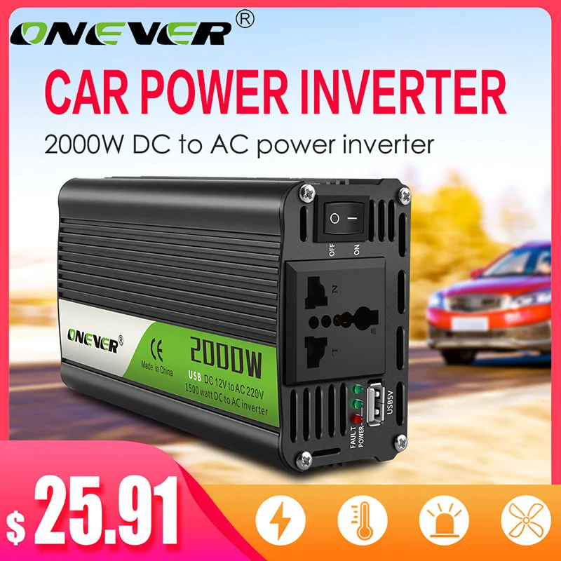 Onever инвертор 12 В 220 в 2000 Вт Инвертор постоянного тока в переменный 12 В до 220 В автомобильный преобразователь напряжения с USB Автомобильное зарядное устройство для iPhone 6 7 8