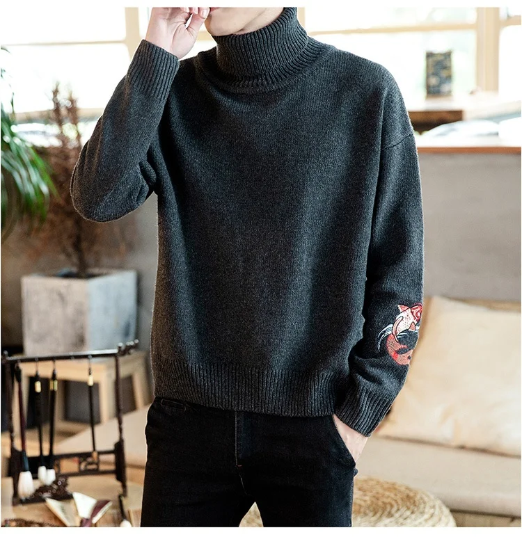 Zongke Carp Embroidery Turtleneck Men Sweater Turtle Neck Men Pullover Sweater Men Coat XXXL Autumn Winter Man Sweaters
