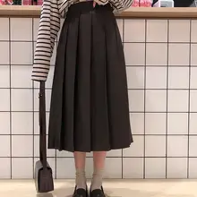 Новые Женские однотонные плиссированные юбки, повседневные юбки трапециевидной формы с высокой талией, корейские студенческие осенние юбки в консервативном стиле