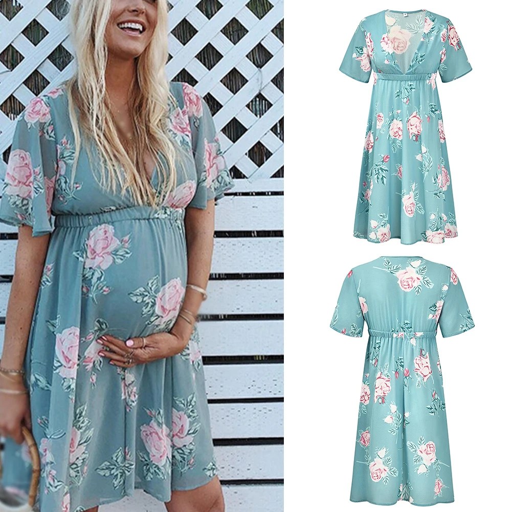 Maternity Flower Large Swing Summer Causal Short Sleeve Women Dress V Neck Floral Prints Pregnant Fashion Holiday Slim Waist