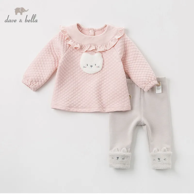 DBM11400 dave bella/зимний модный мультяшный Кот с рюшами для маленьких девочек, комплекты одежды милые детские комплекты с длинными рукавами детский костюм из 2 предметов