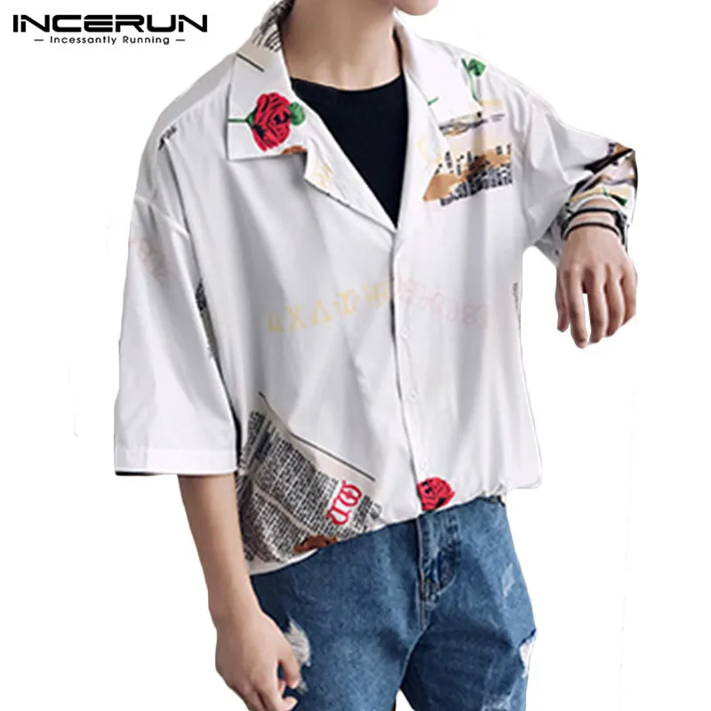 White Shirt INCERUN, модная мужская гавайская рубашка с принтом, повседневная, Пляжная, шикарная, уличная, с отворотом, короткий рукав, рубашки для мужчин,, Harajuku, свободная рубашка - Цвет: White Shirt
