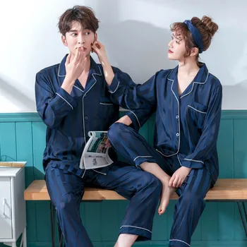

2020 New Couple Pajamas Striped Print Pajamas Set Satin Silk Casual 2 Pieces Long Sleeve Sleepwear Spring Female Home Service