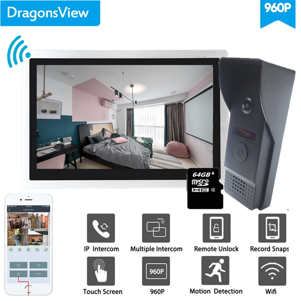 Dragonsview 10 дюймов Wifi система внутренней связи беспроводной дверной звонок камера Умный дверной звонок безопасности Android ISO мобильный телефон поддерживается