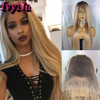 

IvyNa Blonde Ombre 13x6 Synthetic Lace Front Wigs for Black Women Dark Roots 1B/103 2 Tone Long Straight Lace Wigs Baby Hair