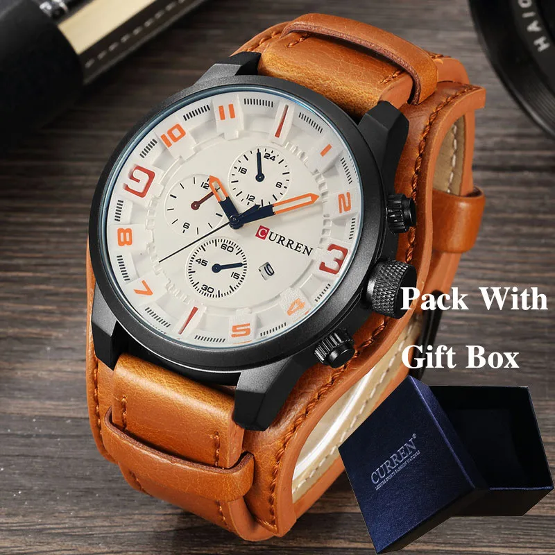 brownblackwhitebox CURREN Топ бренд класса люкс мужские s часы мужские часы Дата Спорт военный кожаный ремешок для часов кварцевые мужские деловые часы подарок 8225 - Цвет: brownblackwhitebox