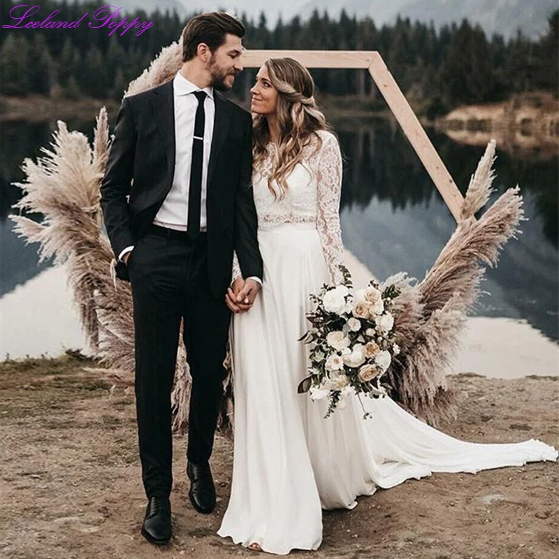 

Vestido De Noiva Women's A-line Boho Lace Wedding Dress 2019 Two Piece Long Sleeves Floor Length Backless Chiffon Bridal Dress