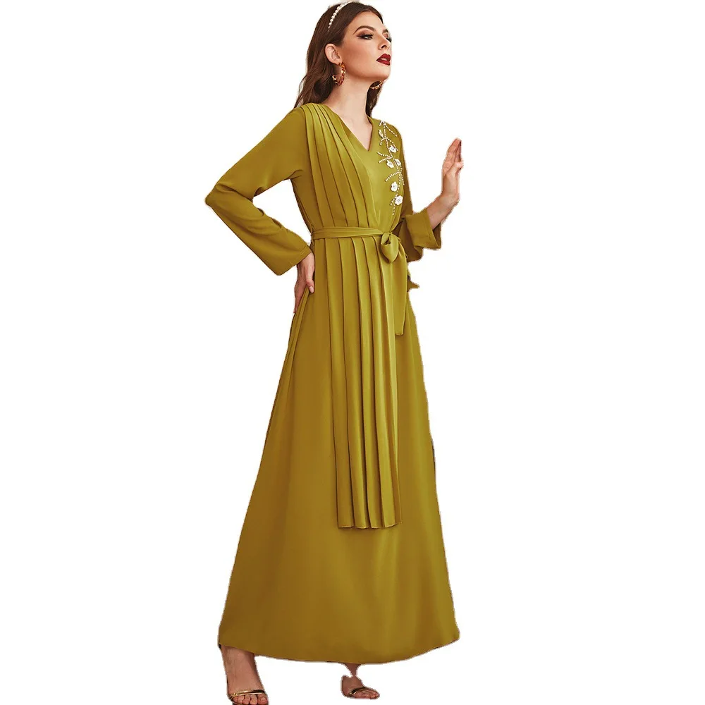 S-2XL Muslim Big Swing Long Dress Dress Handmade Drill Loose Long Sleeve Dress East Ethnic Style Robe 2021 Spring Autumn New