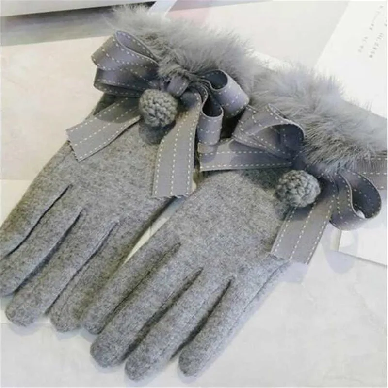 Серый Женские зимние шерстяные перчатки с натуральным кроличьим мехом элегантные женские рукавицы из кашемира - Цвет: Серый