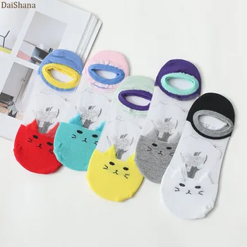 

5 Pairs Women Socks Summer Cartoon Cute Cat Pattern Animal Sock Silk Ankle High Low Cut Invisible Boat Socks Funny Girls Socks