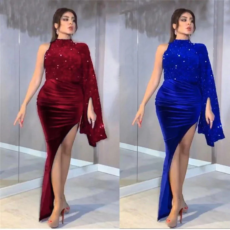 Eightree Royal Blue Velour Sequins Sexy Evening Dresses 2020 Robe de Soiree Mermaid Prom Dress One Shoulder Formal Party Gown