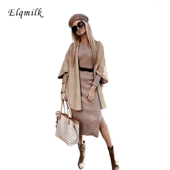

ELQMILK 2019 Winter New Fashion Elegant Women Warm Cardigans Fleece Half Sleeve Female High Street Chic Lady Trench
