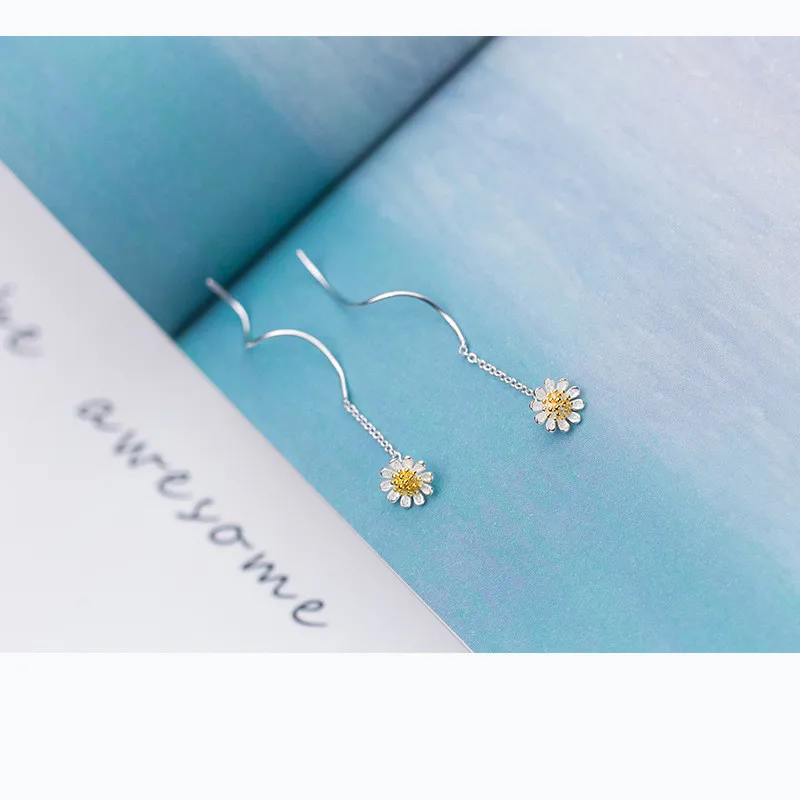 WANTME Genuine 100% 925 Sterling Silver Korean Cute Small Daisy Long Dangle Drop Earrings for Women Party Jewelry Gift Wholesale