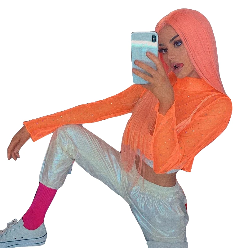 

T-shirt Women Clothes Casual Turtleneck Solid Short Top Sequined T-shirt Sexy Club Transparent Mesh Top Long Sleeve Shirt Women