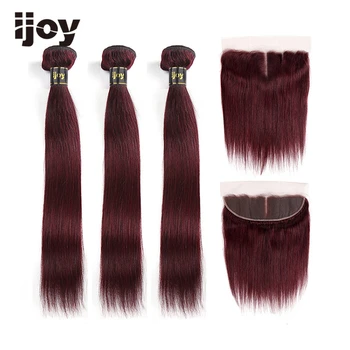 

Human Hair Bundles With 4x4 Frontal Brazilian Hair 3 Bundles With Closure 99J Maroon Red Colored Straight Bundles Non-Remy IJOY