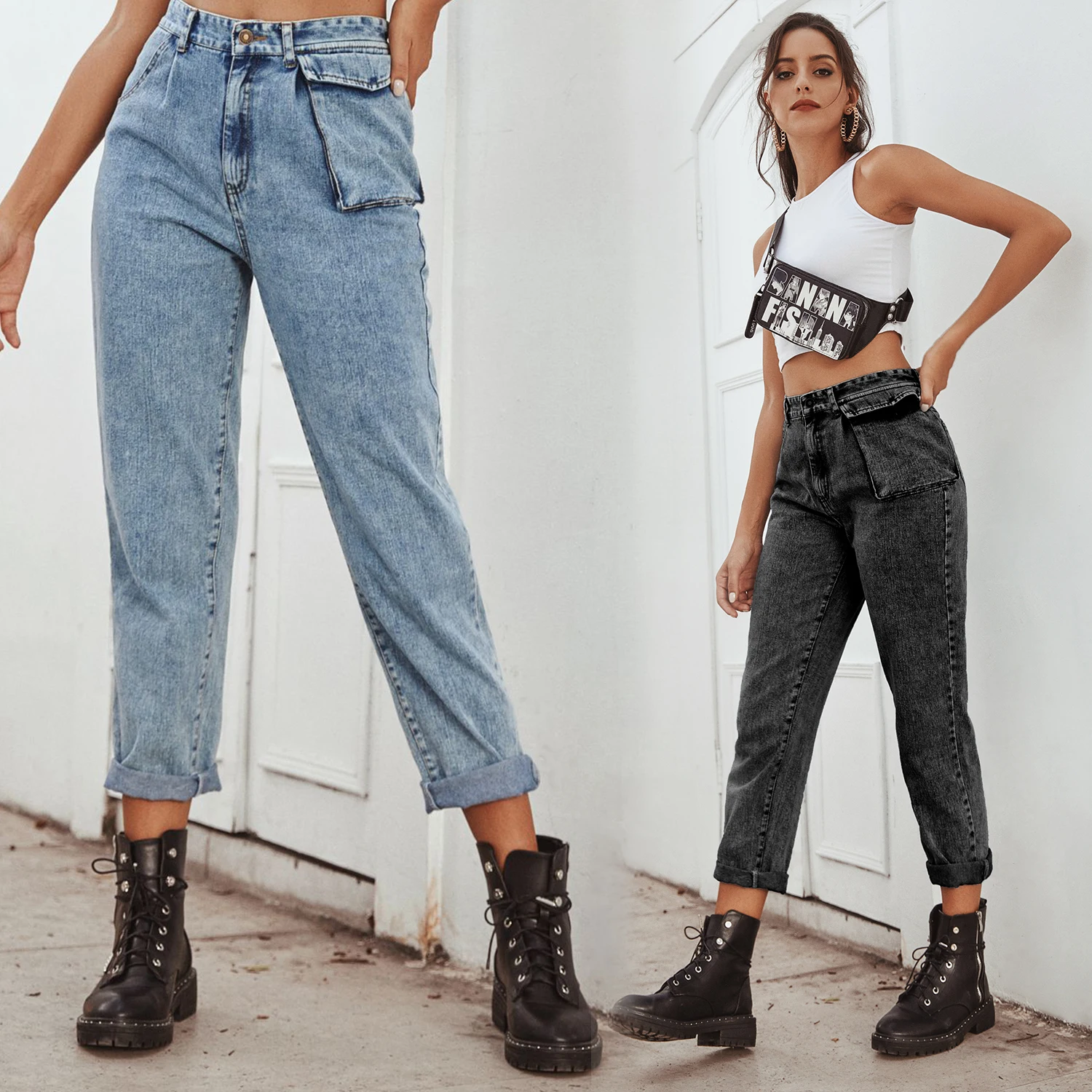 

2020 European Fashion Women's High-Waist Tooling Patch Pocket Denim Trousers