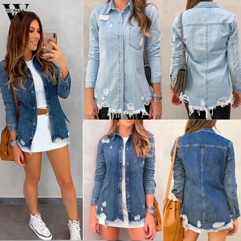 

Womail jacket Coat Women Vintage Basic Coat Denim Jacket Winter Hole Jeans Jacket Coat loose fit casual Korea Kpop Overcoat 815