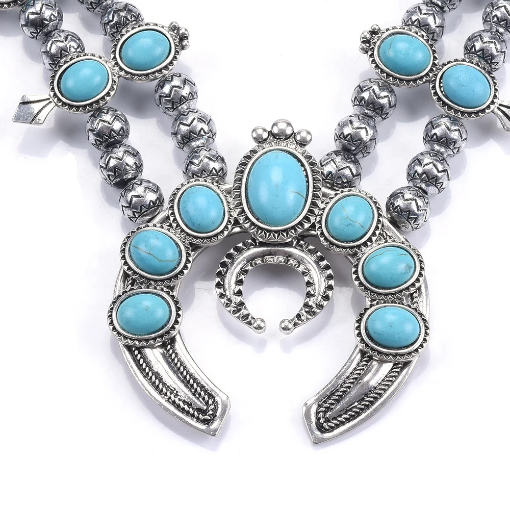 Богемное этническое ожерелье с имитацией камня, женское винтажное серебряное ожерелье с подвеской в виде пера и Луны, большой воротник, свитер, цепь, ожерелье