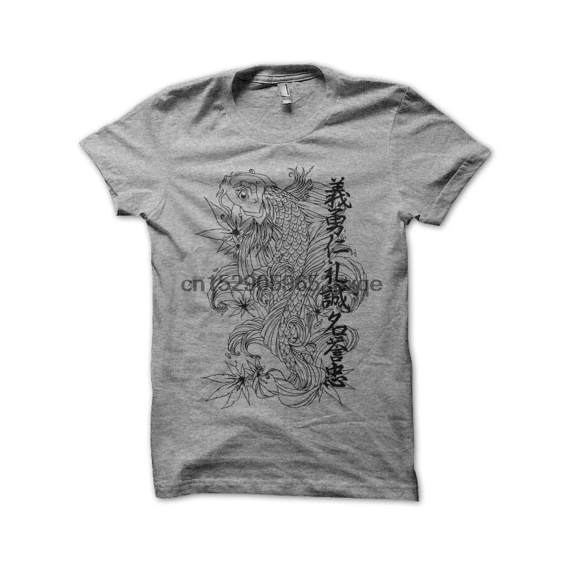 Мужская футболка японская Татуировка рыбы и серые монохромные идеограммы