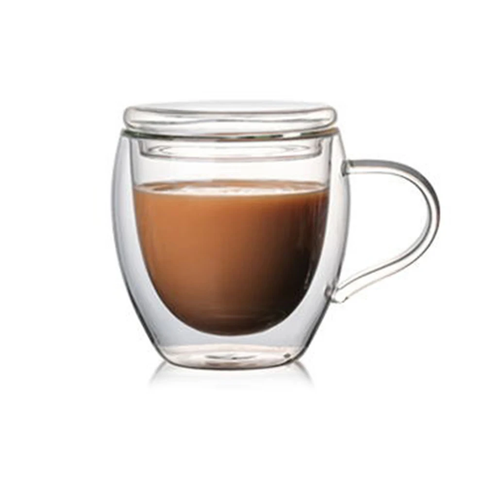 Double Wall Insulated Glasses Espresso Mugs High Temperature Resistant Thick Transparent Glass Cup OCT998 - Color: with lid 260ml