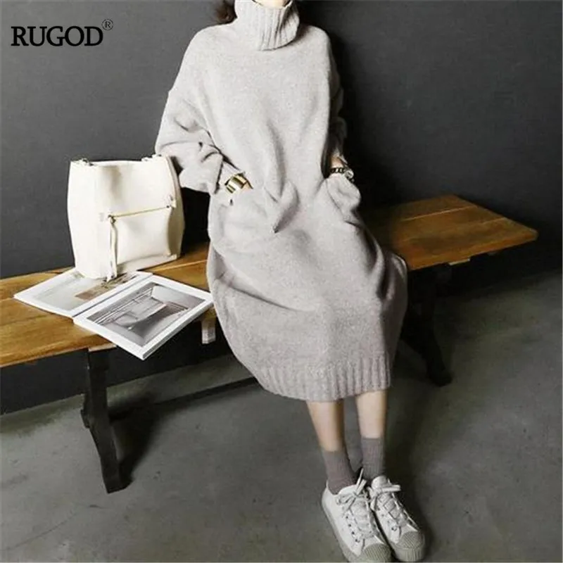 RUGOD/новое осенне-зимнее платье-свитер с воротником-хомутом и карманами для женщин; модное плотное вязаное платье в Корейском стиле; теплое платье; Vestidos