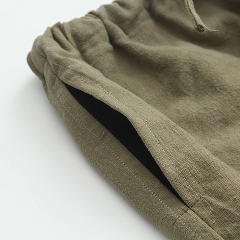 Long Pants Cotton Linen Male Chinese Kung Fu Trousers Men's Casual Straight Military green Tai Chi Clothing Elastic Waist