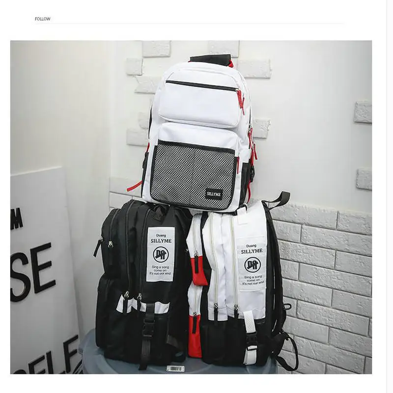 PUOU men women students Hit the color stitching backpack canvas large-capacity bag boy girl Hip hop portable shoulder package | Багаж и