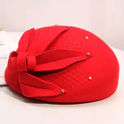 Fibonacci New Fashion Women Beret Fedoras Floral Wool Felt Hat Pearl Mesh Dinner Party Autumn Winter Hats Cap - Color: Red