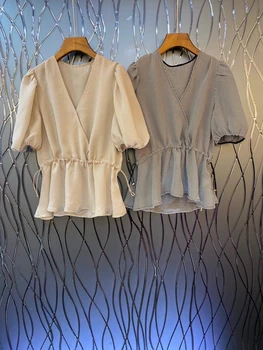 

2020 Spring and Summer New Women's V-neck Waist Drawstring Waist Hugging Decorative Short-Sleeved All-match Top 621